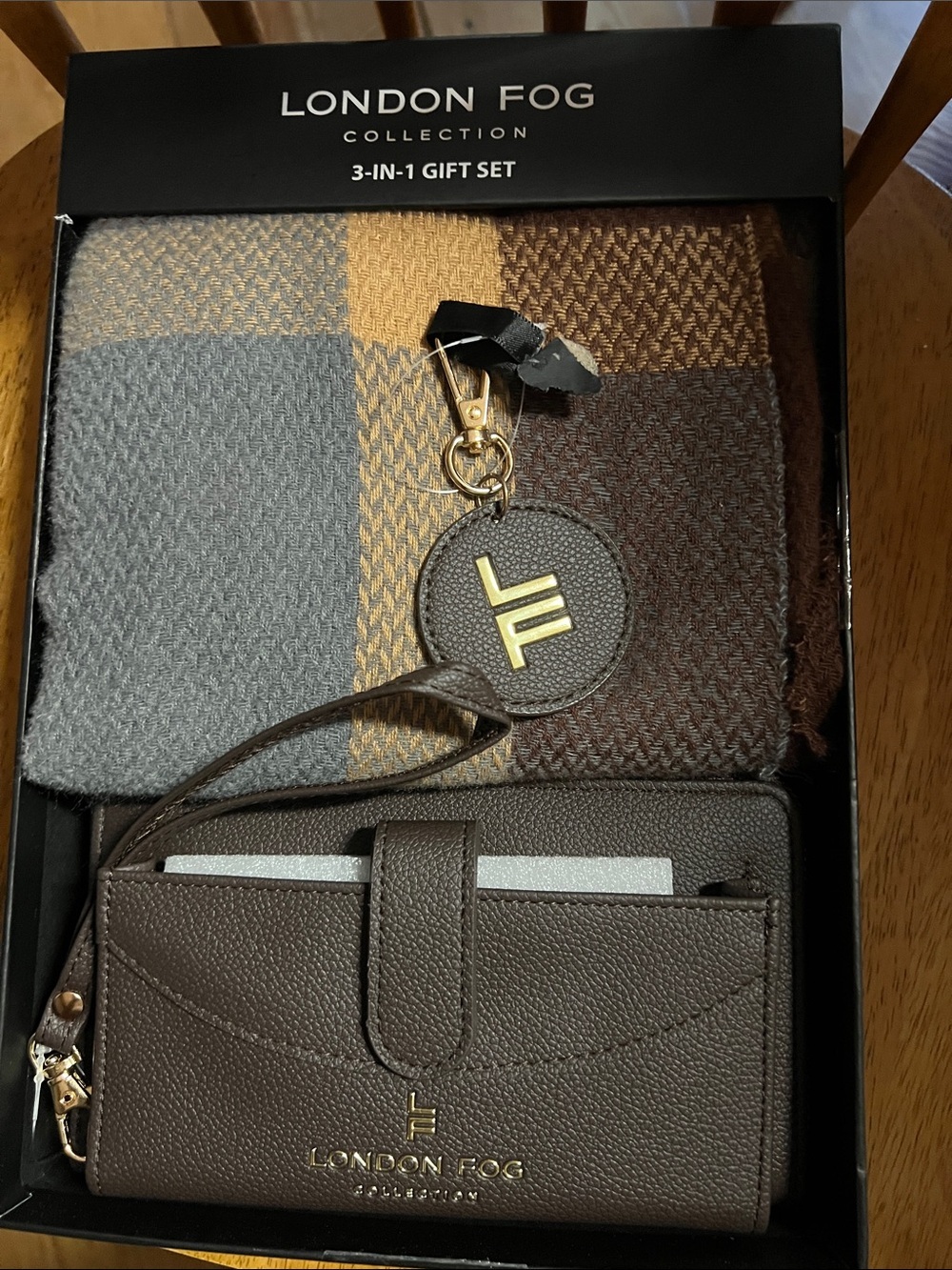 London Fog Brown Wallet & Plaid Scarf Gift Set with Gold Accent Keyfob 3 in 1
